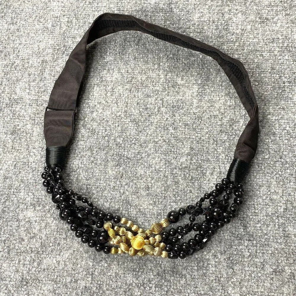 VTG Carolyn Tanner Beaded‎ Belt Women M Black Gold Adjustable Statement 80s 90s